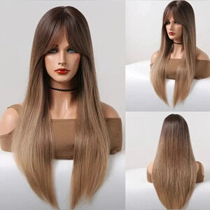 34 Inch balayage Brown & Ash Light Blonde Straig Long Wig with Open Side…